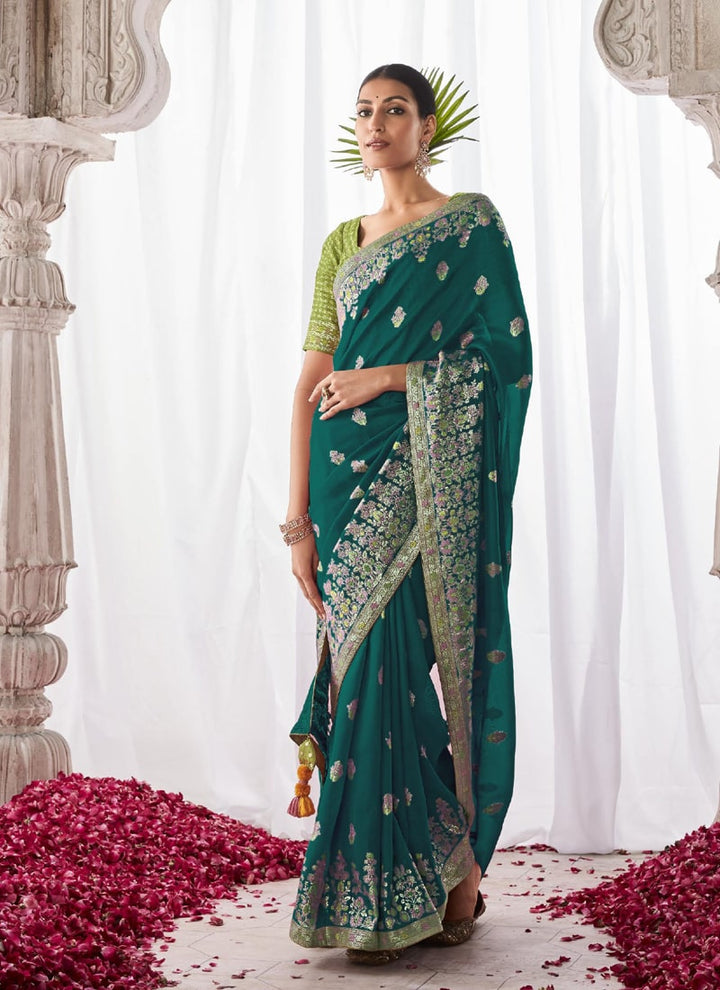 Lassya Fashion Emerald Green Elegant Kora Silk Saree with Designer Minakari Pallu