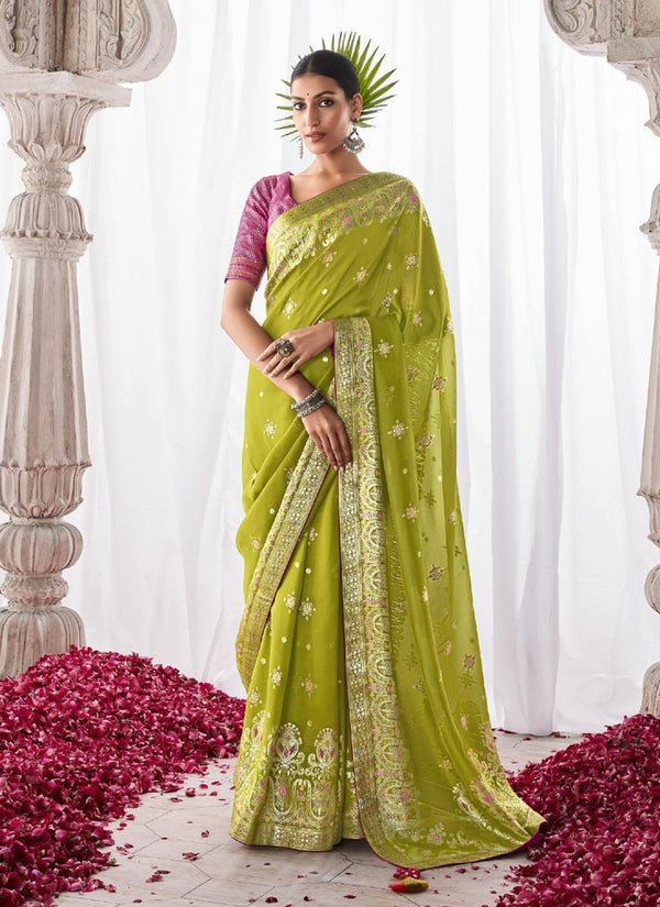Lassya Fashion Olive green Elegant Kora Silk Saree with Designer Minakari Pallu