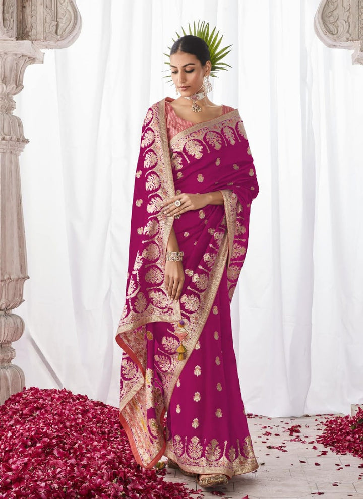 Lassya Fashion French-Plum Pink Elegant Kora Silk Saree with Designer Minakari Pallu