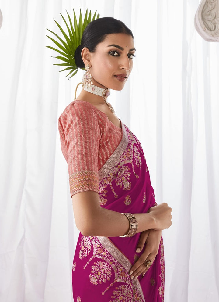 Lassya Fashion French-Plum Pink Elegant Kora Silk Saree with Designer Minakari Pallu