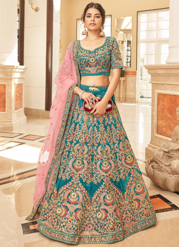Teal Blue Exquisite Wedding Lehenga with Sequins Embroidery Work