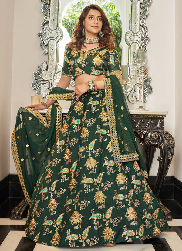 Forest Green Exquisite Wedding Lehenga with Sequins Embroidery Work