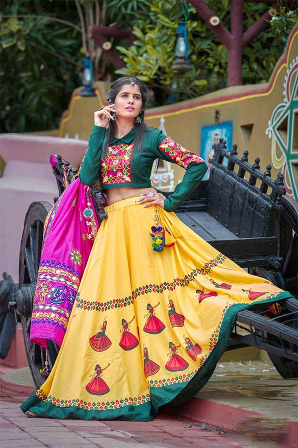 Dark Green and Yellow Navratri Special Chaniya Choli with Vibrant Resham Embroidery Work