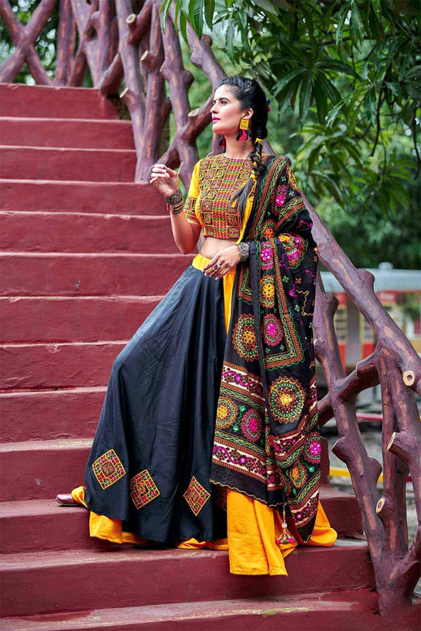 Yellow and Black Navratri Special Chaniya Choli with Vibrant Resham Embroidery Work
