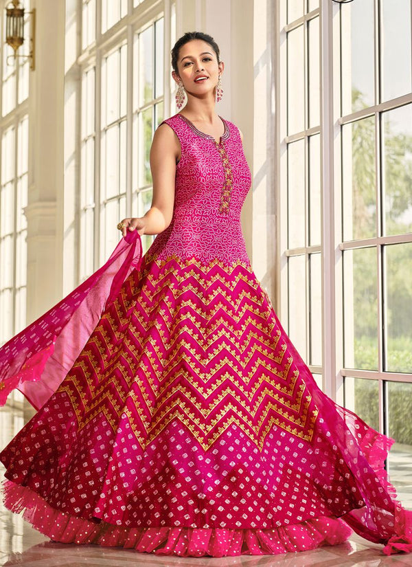 Magenta Pink Patola Print Long Anarkali Gown with Digital Print Dupatta