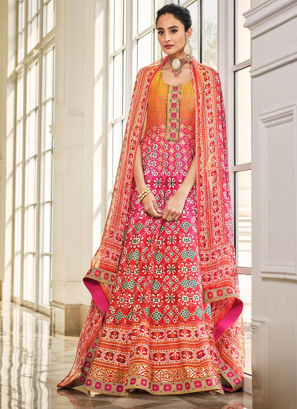 Pink And Yellow Shaded Patola Print Long Anarkali Gown with Digital Print Dupatta