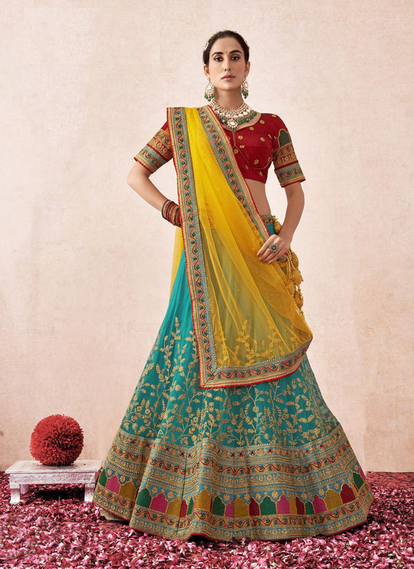 Sapphire blue And Red Color Heavy Net With Banglory Silk Lehenga Choli