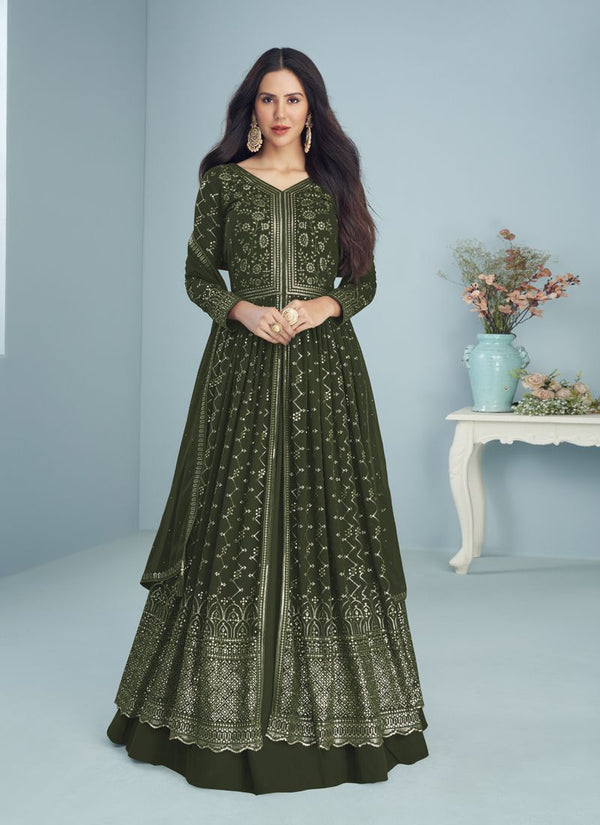 Basil Green Color Anarkali Salwar Suit with Georgette Dupatta