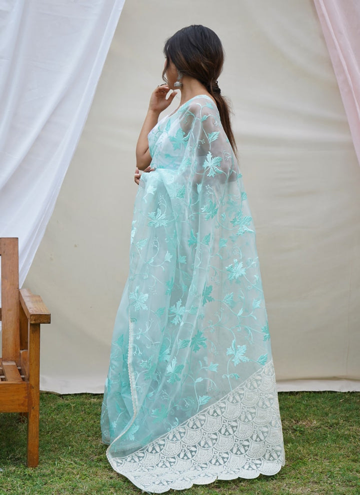 Lassya Fashion Sky Blue Embroidered Organza Saree with Banglori Silk Blouse