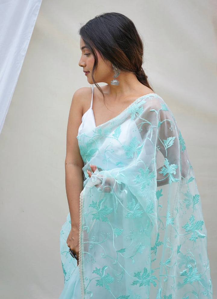 Lassya Fashion Sky Blue Embroidered Organza Saree with Banglori Silk Blouse