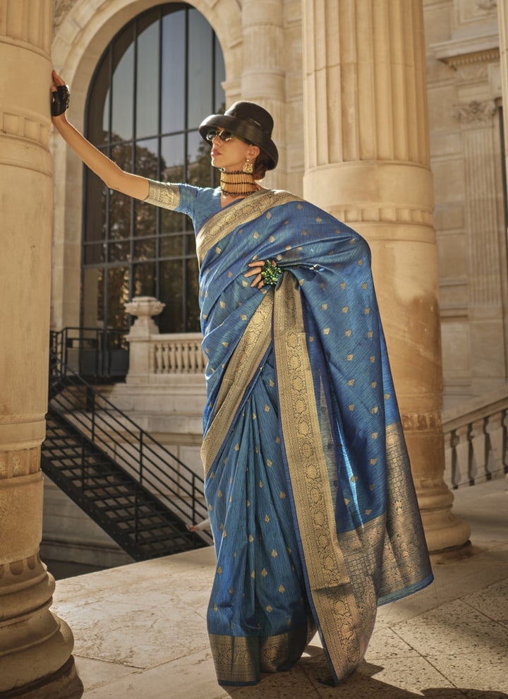 Lassya Fashion Peacock Blue Handloom Weaving Khadi Silk Saree