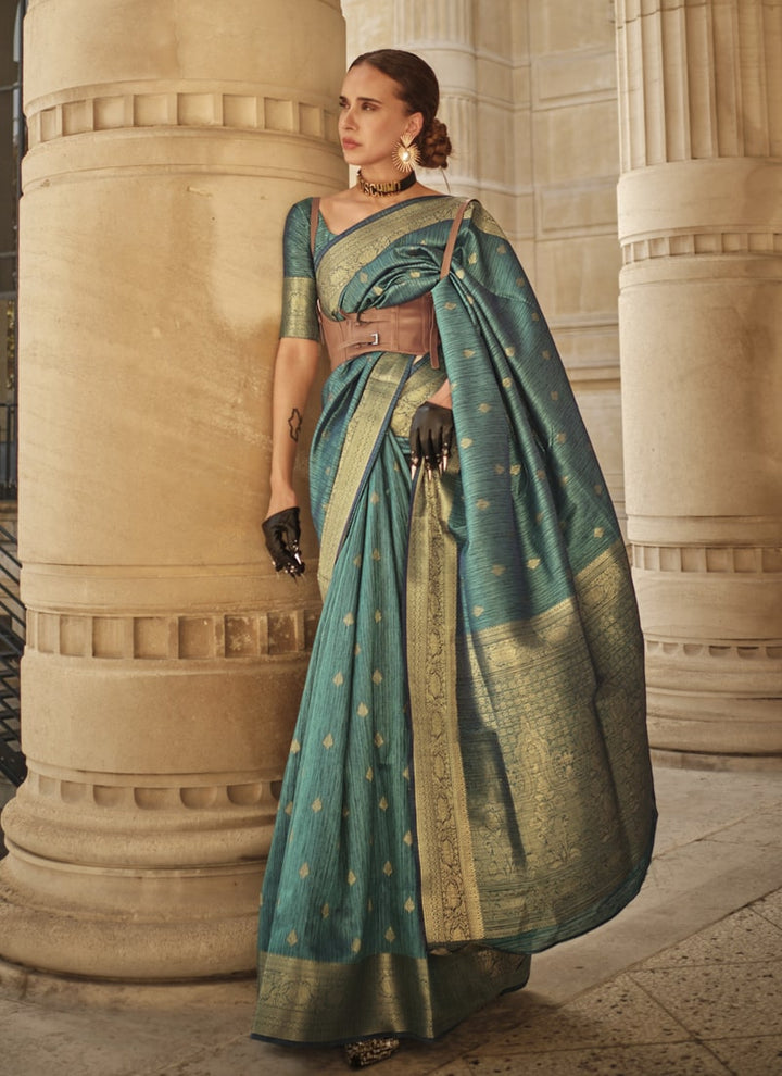 Lassya Fashion Teal Green Handloom Weaving Khadi Silk Saree