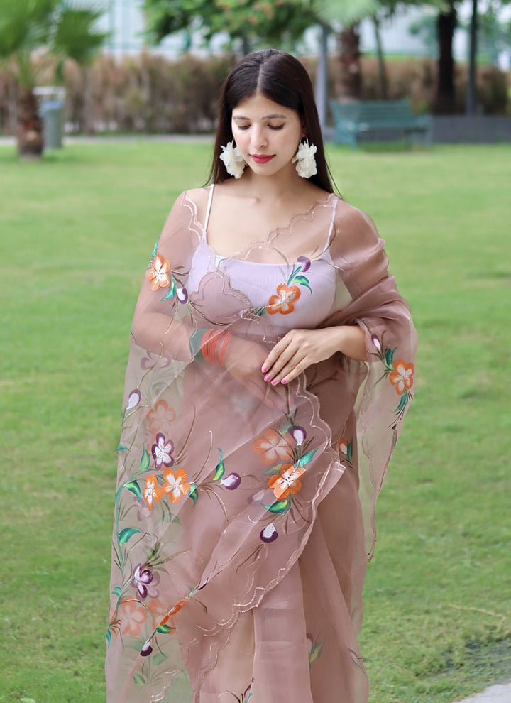 Lassya Fashion Light Brown Elegant Floral Organza Saree