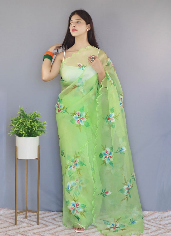 Lassya Fashion Pista Green Elegant Floral Organza Saree