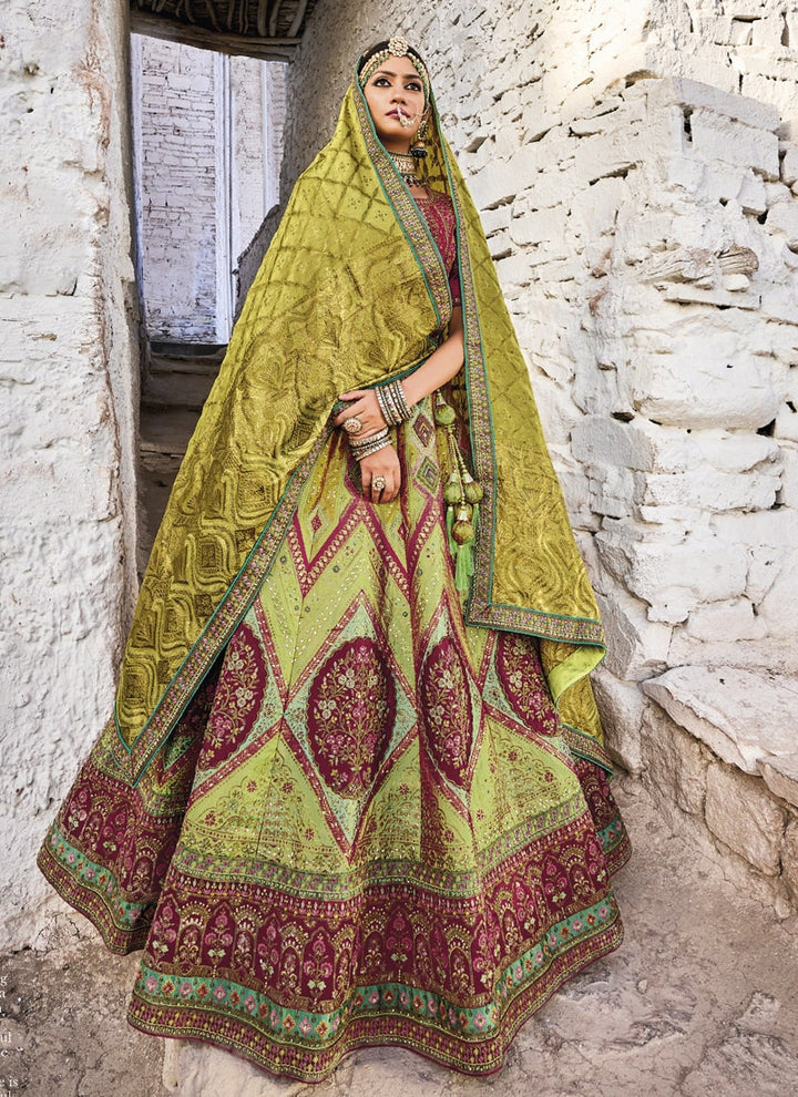 Lassya Fashion Olive Green Exquisite Banarasi Silk Jacquard Wedding Lehenga