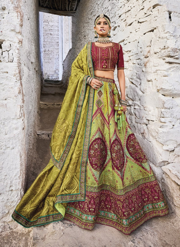Lassya Fashion Olive Green Exquisite Banarasi Silk Jacquard Wedding Lehenga