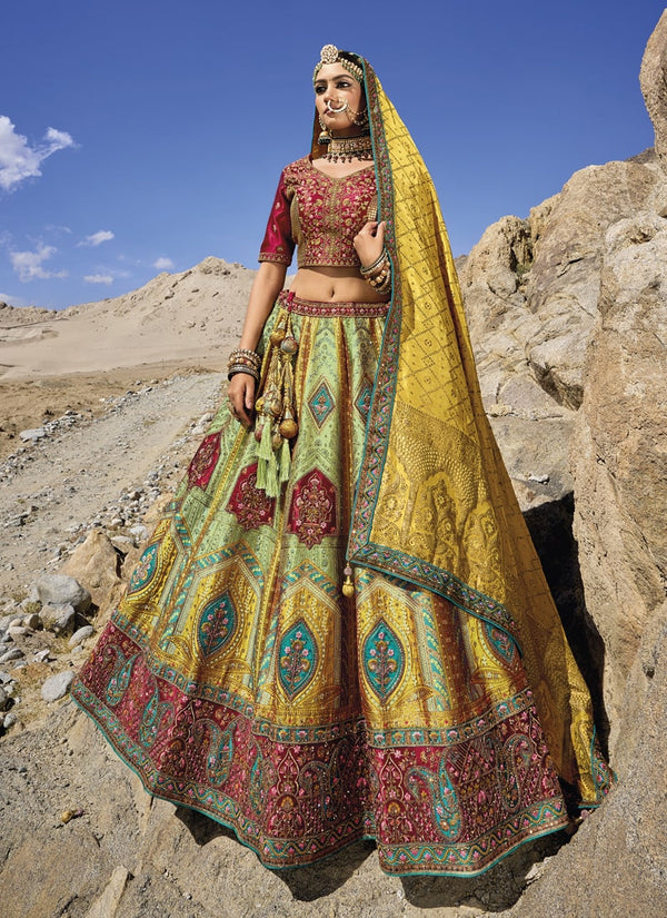 Lassya Fashion Mehandi Green Exquisite Banarasi Silk Jacquard Wedding Lehenga
