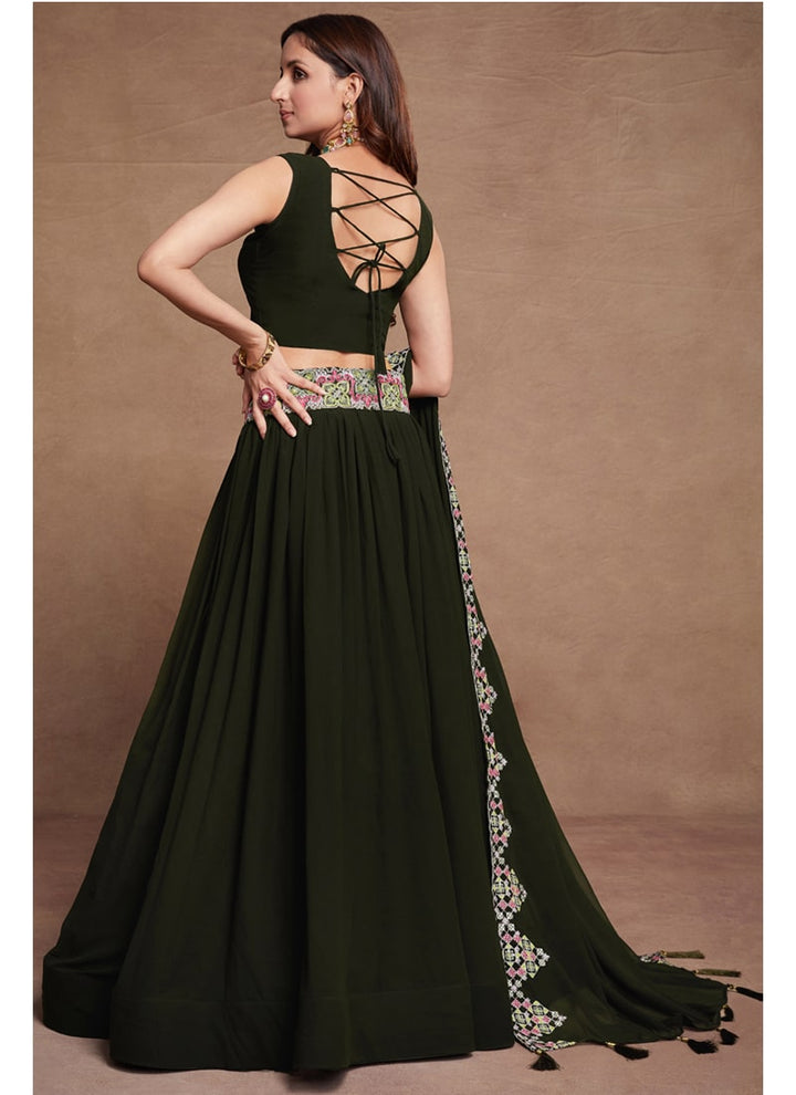 Lassya Fashion Olive Green Blooming Georgette Festive Lehenga Set