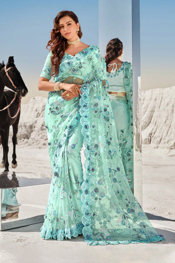 Seagreen Digital Net Saree with Heavy Work