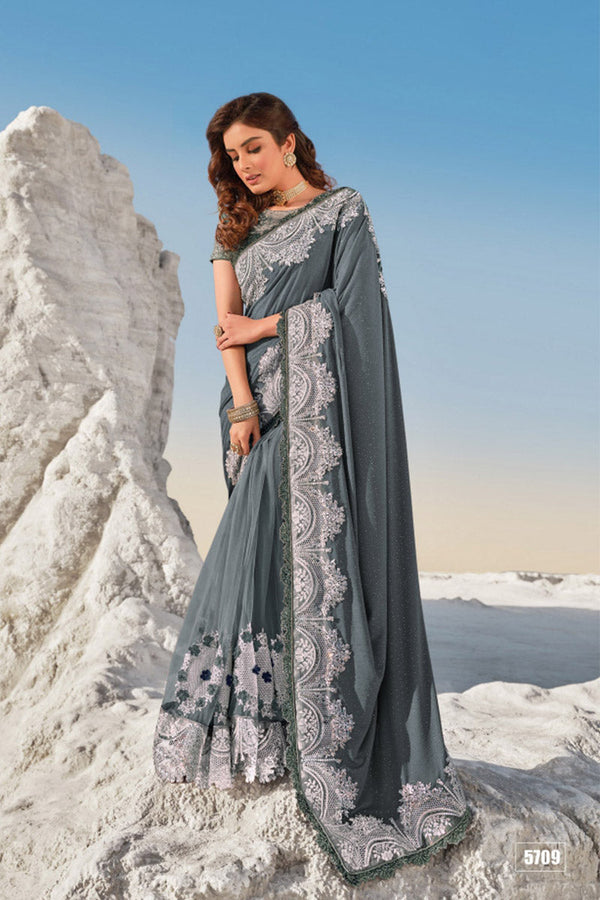 Grey Imported Fabric Saree with Heavy Work