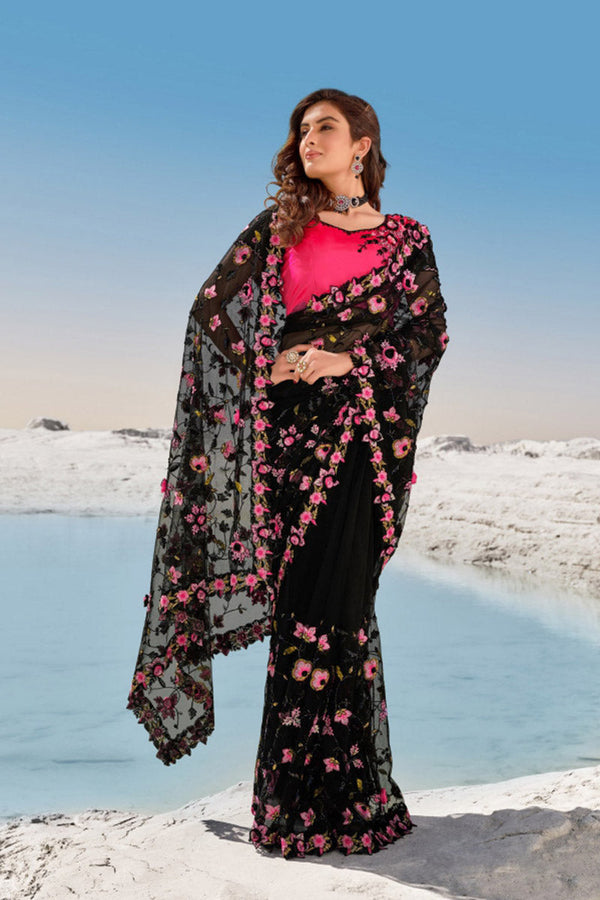 Black Digital Net Saree with Heavy Work