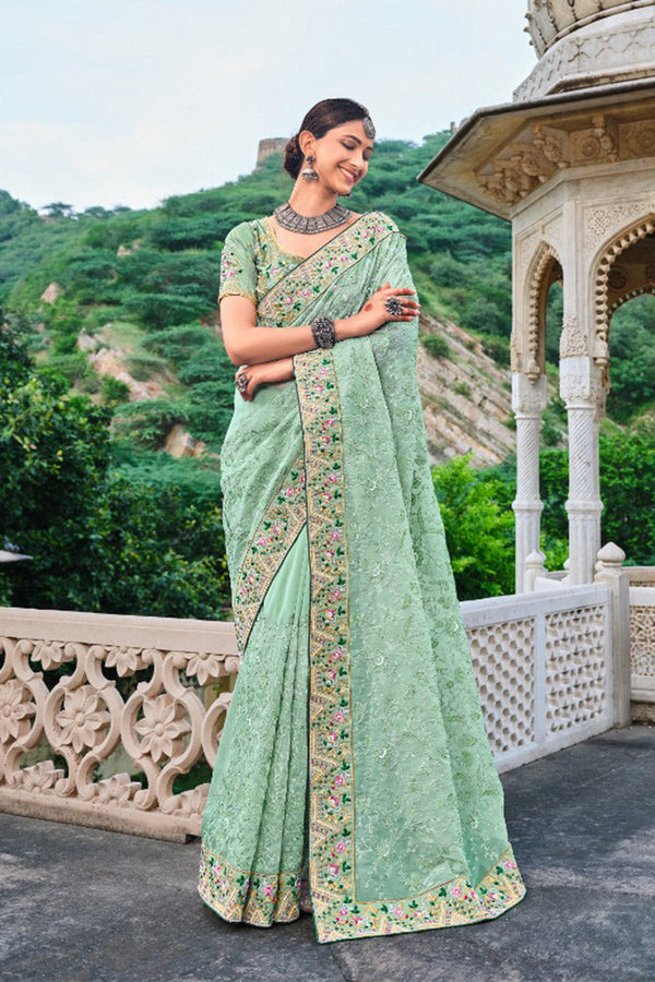 Pista Pure Organza Saree with Heavy Work