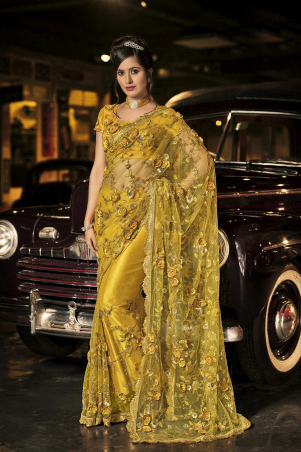 Mustard Digital Net Saree with Heavy Work