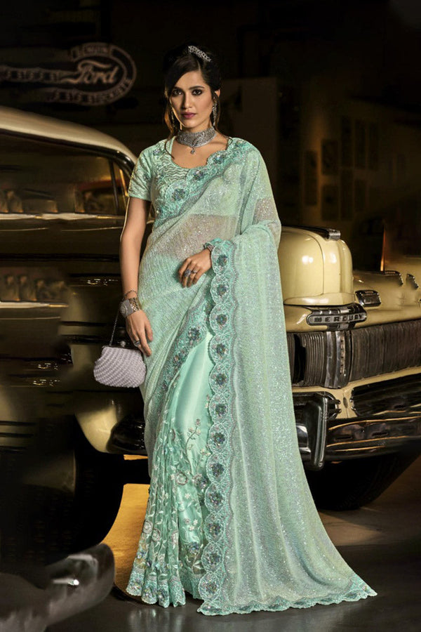 Sea Green Imported Sequence Pallu Saree with Heavy Work