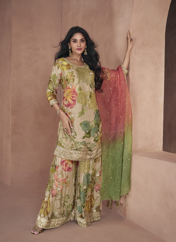 lassya fashion Beige Floral Print Designer Sharara Suit for Party