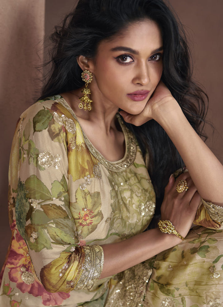 lassya fashion Beige Floral Print Designer Sharara Suit for Party