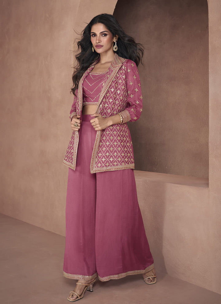 lassya fashion Dusty Pink Elegant Indowestern Ensemble of Crop Top Sharara & Jacket