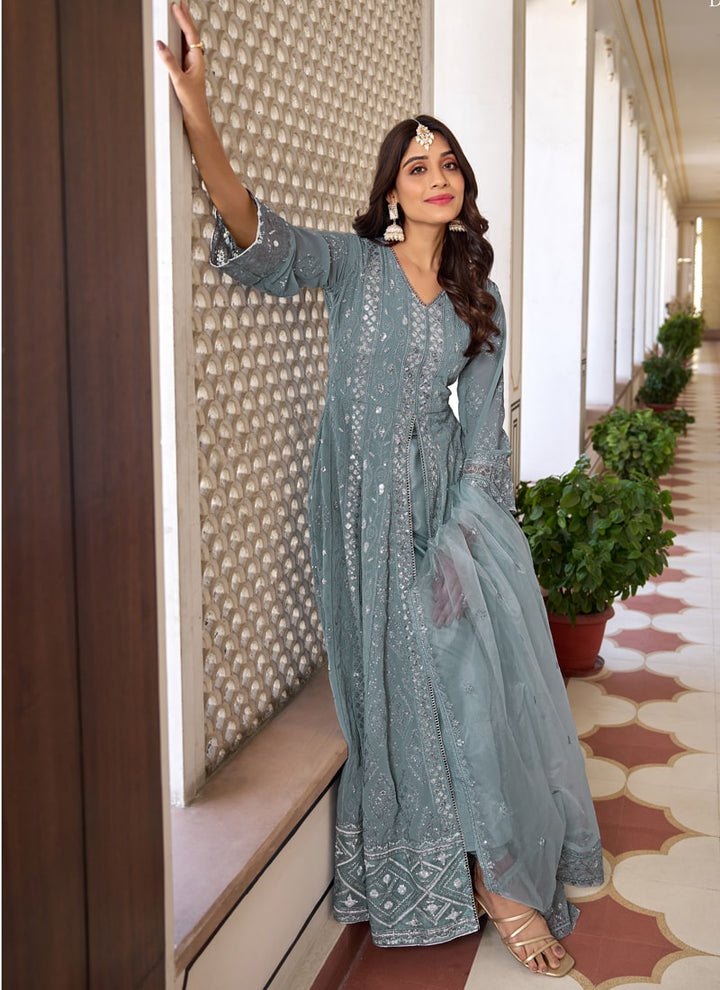 Lassya Fahsion Grey Exquisite Pakistani Front Slit Salwar Suit