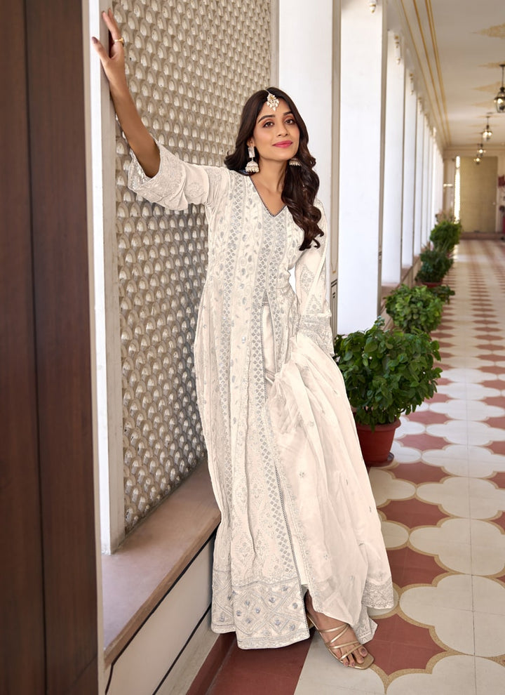Lassya Fahsion Pearl White Exquisite Pakistani Front Slit Salwar Suit