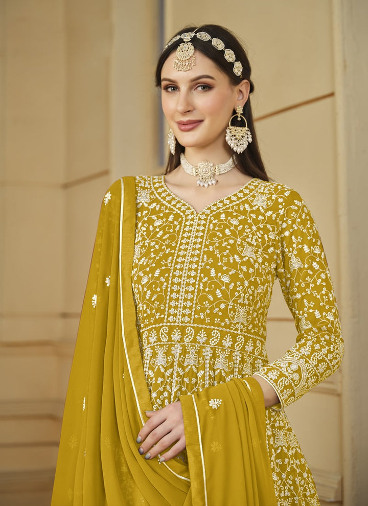 Lassya Fahsion Mustard Yellow Exquisite Anarkali Salwar Suit with Front and Back Intricate Work