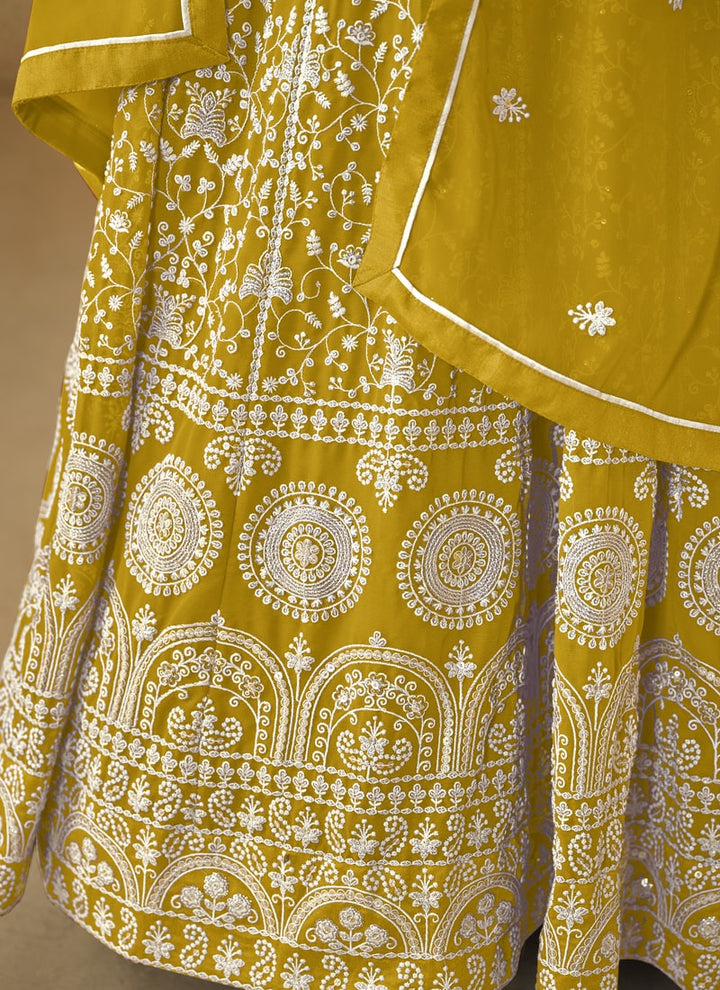 Lassya Fahsion Mustard Yellow Exquisite Anarkali Salwar Suit with Front and Back Intricate Work