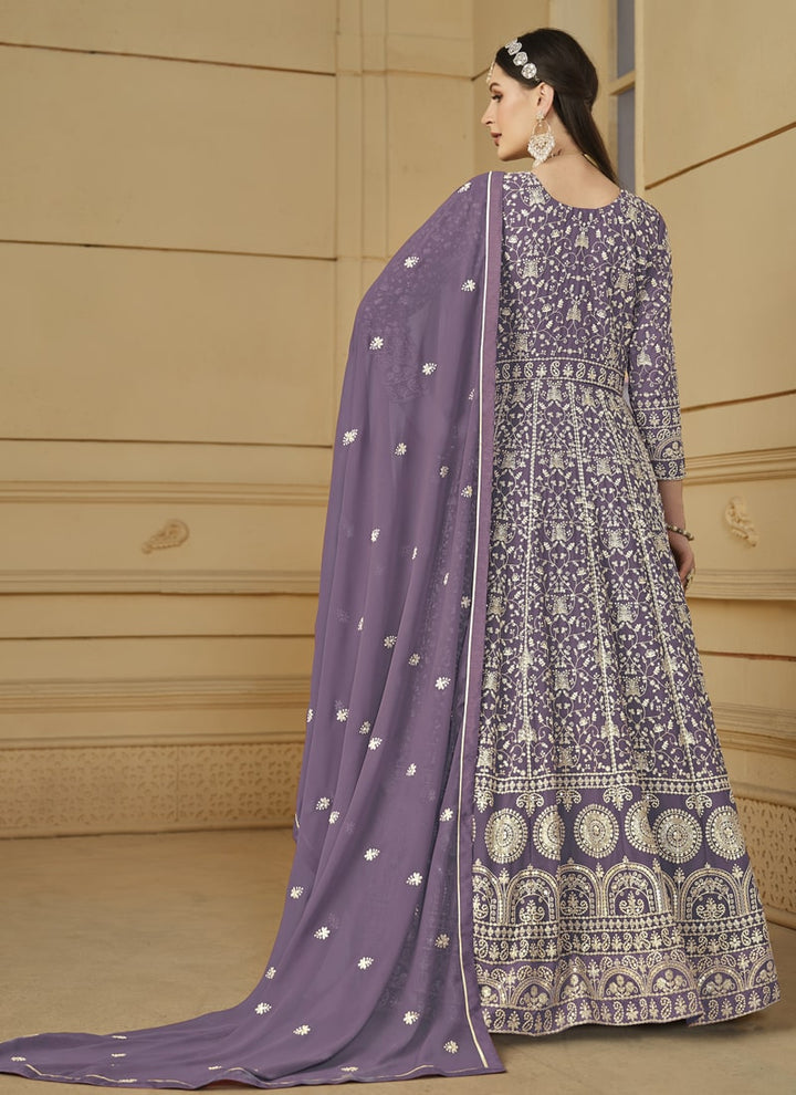 Lassya Fahsion Lavender Exquisite Anarkali Salwar Suit with Front and Back Intricate Work