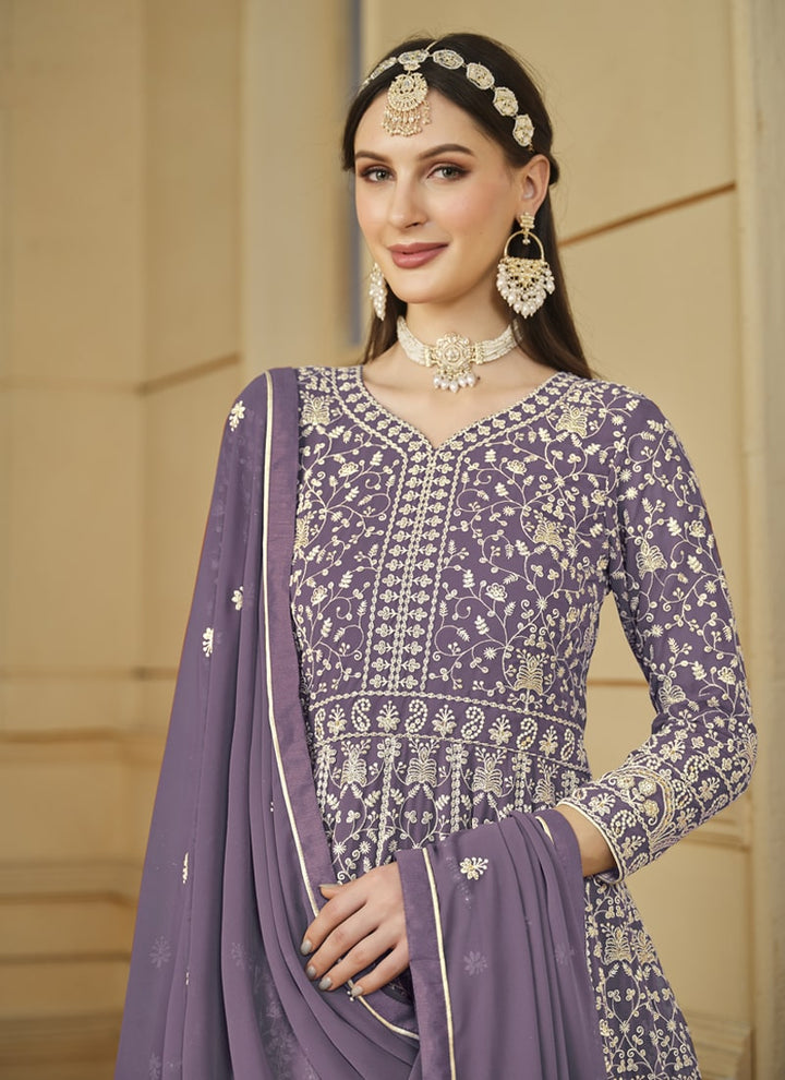 Lassya Fahsion Lavender Exquisite Anarkali Salwar Suit with Front and Back Intricate Work