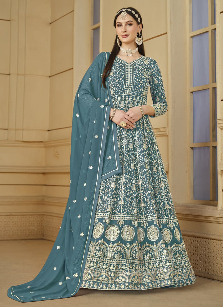 Lassya Fahsion Teal Blue Exquisite Anarkali Salwar Suit with Front and Back Intricate Work