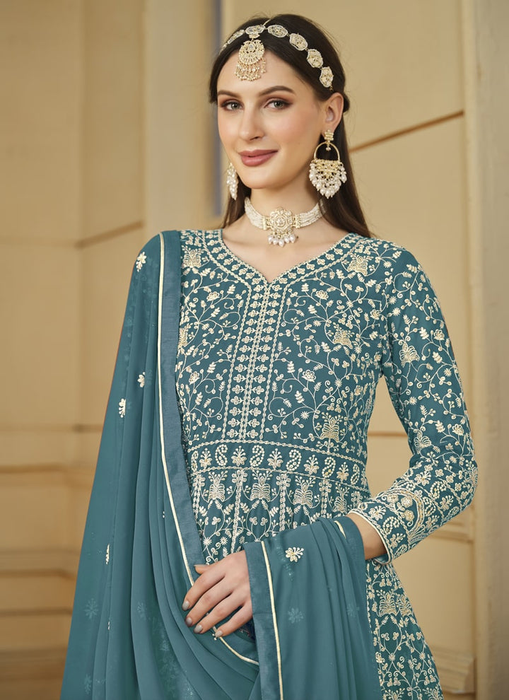 Lassya Fahsion Teal Blue Exquisite Anarkali Salwar Suit with Front and Back Intricate Work
