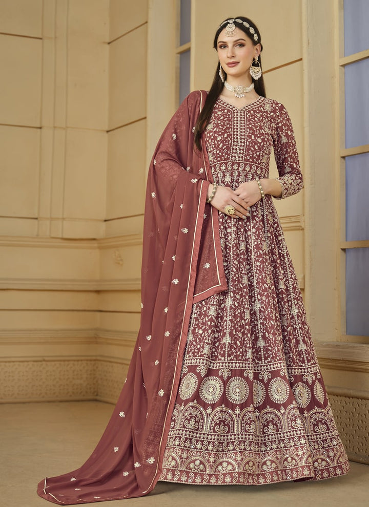 Lassya Fahsion Mauve Exquisite Anarkali Salwar Suit with Front and Back Intricate Work
