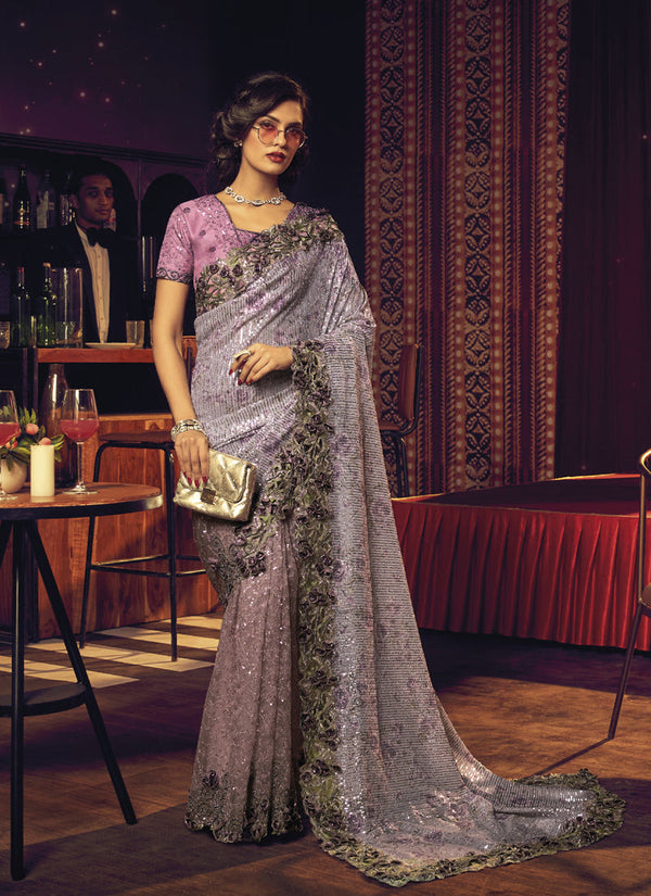 Lavender Pink Digital Net Saree With Thread Sequence Work