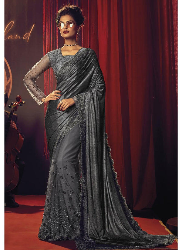 Silver Grey Digital Net Saree With Thread Sequence Work