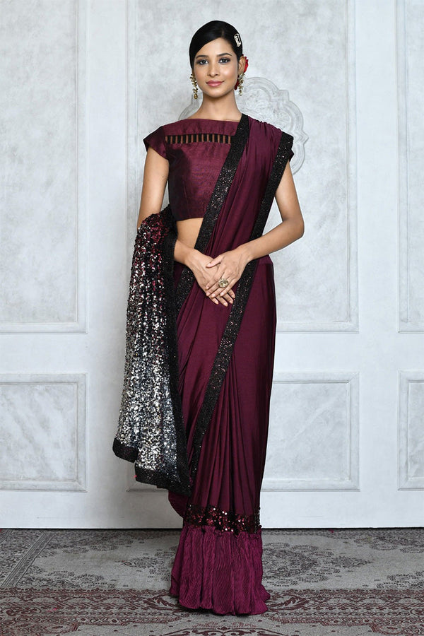 Wine Embroidered Lycra Saree with Sequins and Stone Work