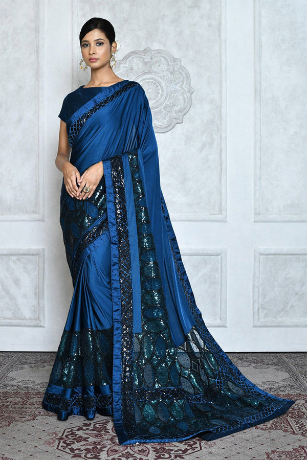 Admiral Blue Embroidered Lycra Saree with Sequins and Stone Work