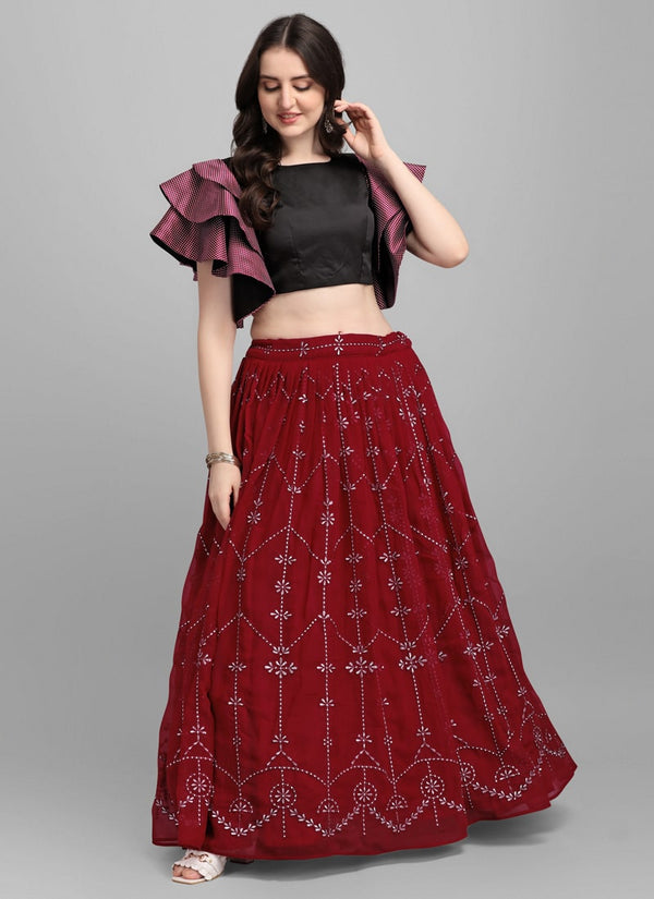Rosewood Lehenga Set with Heavy Embroidery and Digital Print Blouse