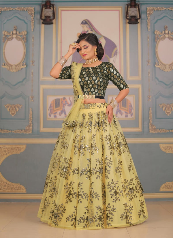 Cream and Green Color Net Lehenga Set with Heavy Embroidery and Zari Work