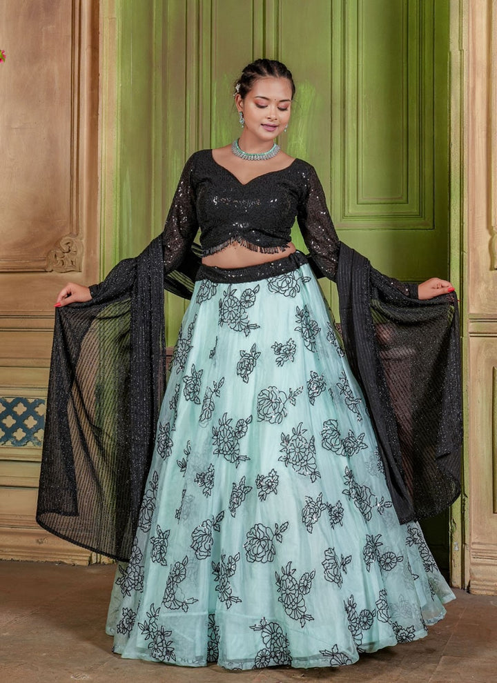 Elegant Sky Blue and Black Lehenga Choli with Heavy Embroidery Sequence Work