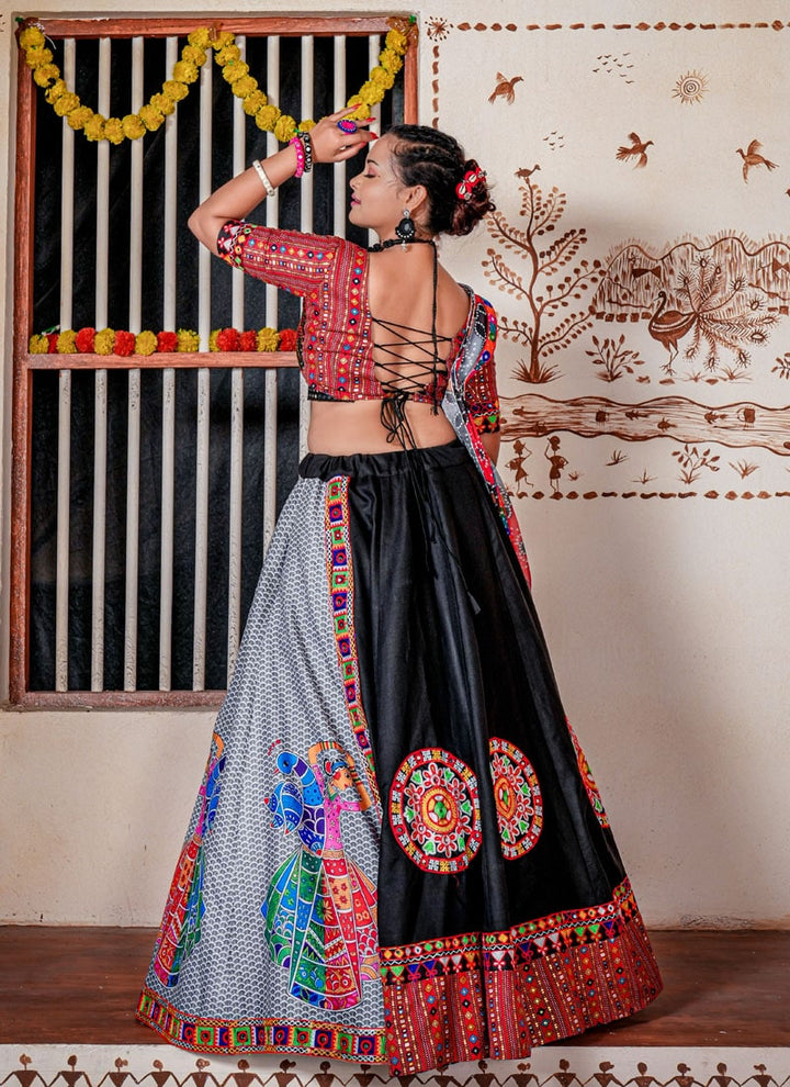 Black Panihari Lehenga Choli with Kutchi Mirror Patch and Foil Print Lace Work