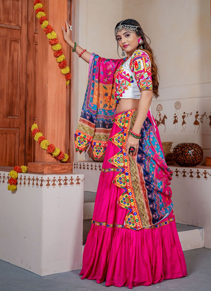 Rani Pink Three Tal Traditional Lehenga Choli with Mirror Lace and Kutchi Machine Work