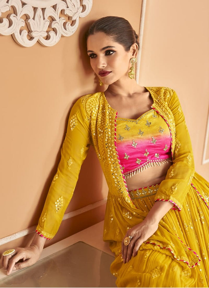 Lassya fashion's Mustard Yellow Indo Western Crop top with Skirt And Jacket